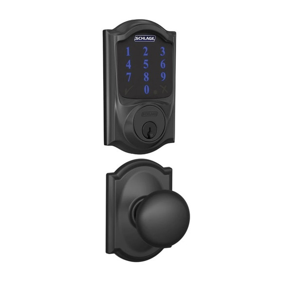 Schlage FBE468ZPCAM622PLYCAM Matte Black Camelot Touch Pad Electronic Deadbolt with Z-Wave Technology and Plymouth Knob with CAM Rose