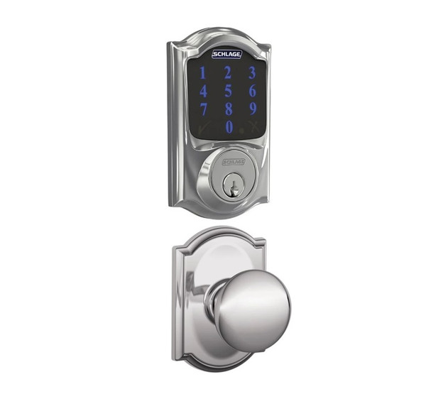 Schlage FBE468ZPCAM625PLYCAM Polished Chrome Camelot Touch Pad Electronic Deadbolt with Z-Wave Technology and Plymouth Knob with CAM Rose