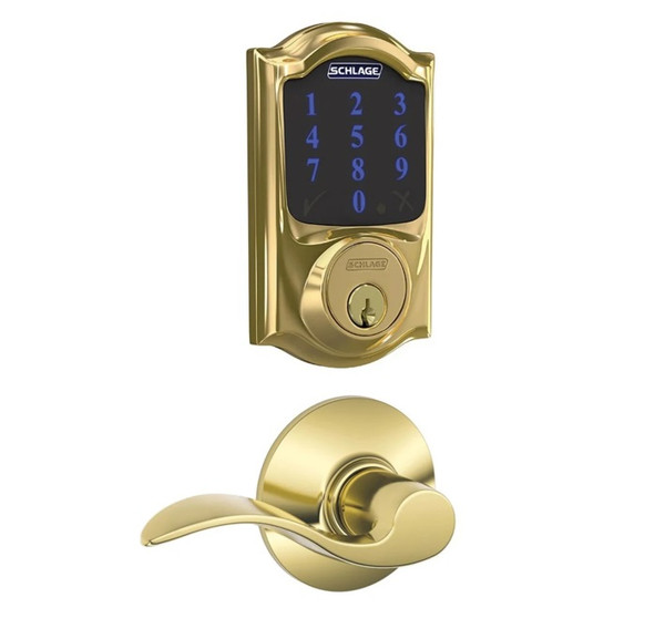 Schlage FBE468ZPCAM605ACC Polished Brass Camelot Touch Pad Electronic Deadbolt with Z-Wave Technology and Accent Lever