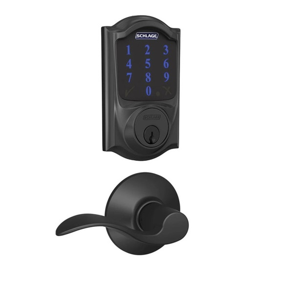 Schlage FBE468ZPCAM622ACC Matte Black Camelot Touch Pad Electronic Deadbolt with Z-Wave Technology and Accent Lever