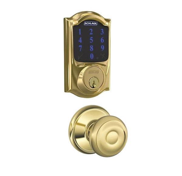 Schlage FBE468ZPCAM605GEO Polished Brass Camelot Touch Pad Electronic Deadbolt with Z-Wave Technology and Georgian Knob