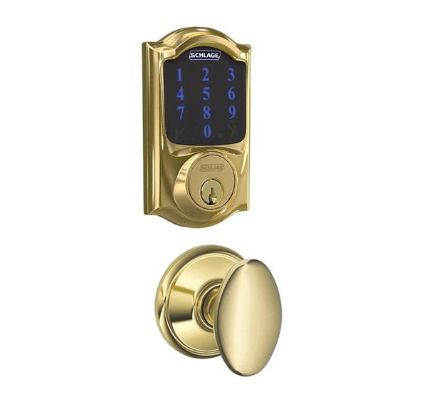 Schlage FBE468ZPCAM605SIE Polished Brass Camelot Touch Pad Electronic Deadbolt with Z-Wave Technology and Siena Knob