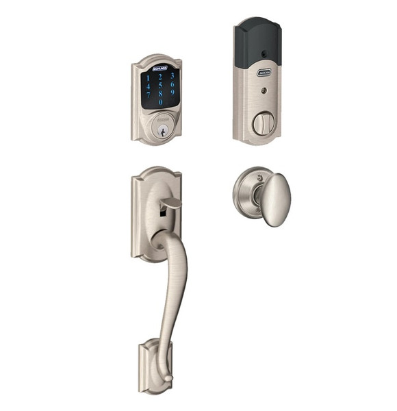 Schlage FE468ZPCAM619SIE Satin Nickel Camelot Touch Pad Electronic Deadbolt with Z-Wave Technology and Camelot Handleset with Siena Knob