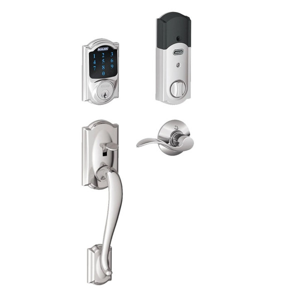 Schlage FE468ZPCAM625ACC Polished Chrome Camelot Touch Pad Electronic Deadbolt with Z-Wave Technology and Camelot Handleset with Accent Lever