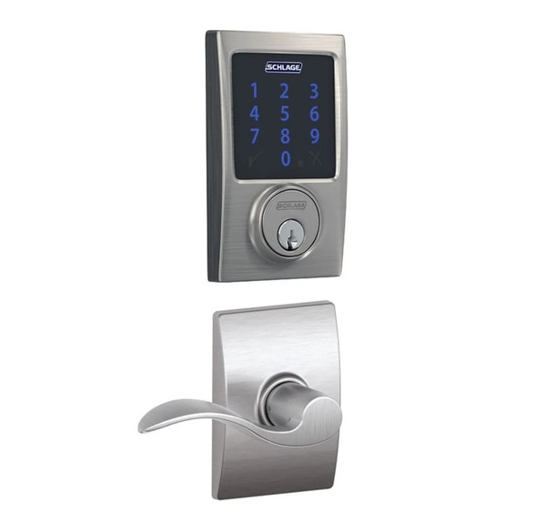 Schlage FBE468ZPCEN626ACCCEN Satin Chrome Century Touch Pad Electronic Deadbolt with Z-Wave Technology and Accent Lever with CEN Rose