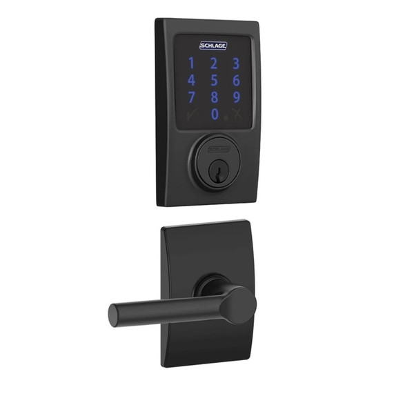 Schlage FBE468ZPCEN622BRWCEN Matte Black Century Touch Pad Electronic Deadbolt with Z-Wave Technology and Broadway Lever with CEN Rose