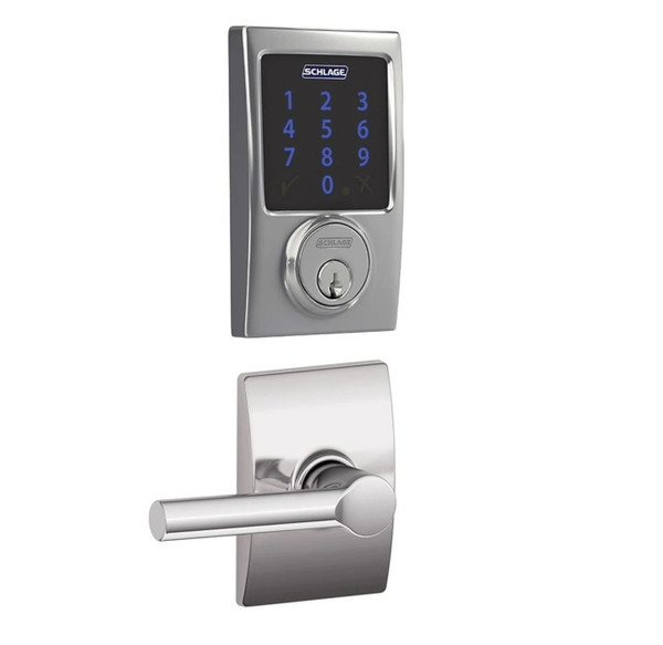 Schlage FBE468ZPCEN625BRWCEN Polished Chrome Century Touch Pad Electronic Deadbolt with Z-Wave Technology and Broadway Lever with CEN Rose