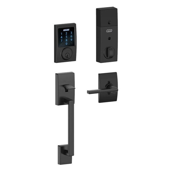 Schlage FE468ZPCEN622LATCEN Matte Black Century Touch Pad Electronic Deadbolt with Z-Wave Technology and Century Handleset with Latitude Lever and CEN