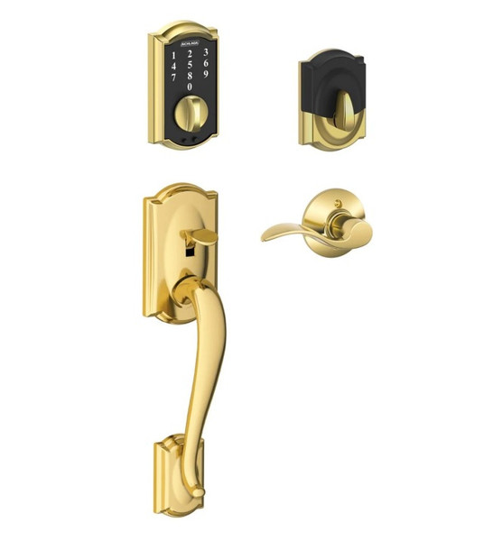 Schlage FE375CAM605ACC Polished Brass Camelot Keyless Touch Pad Electronic Handleset with Accent Lever