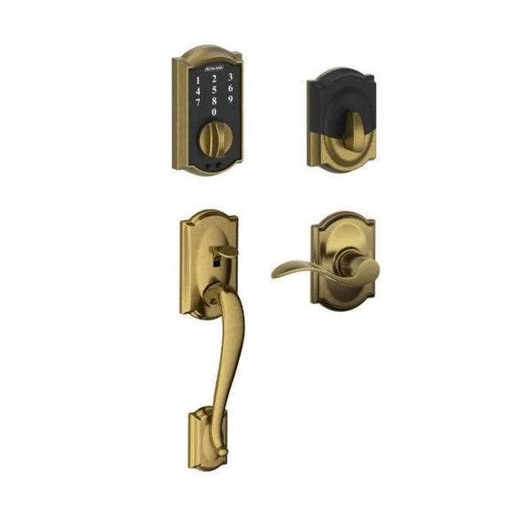 Schlage FE375CAM609ACCCAM Antique Brass Camelot Keyless Touch Pad Electronic Handleset with Accent Lever and Camelot Rose