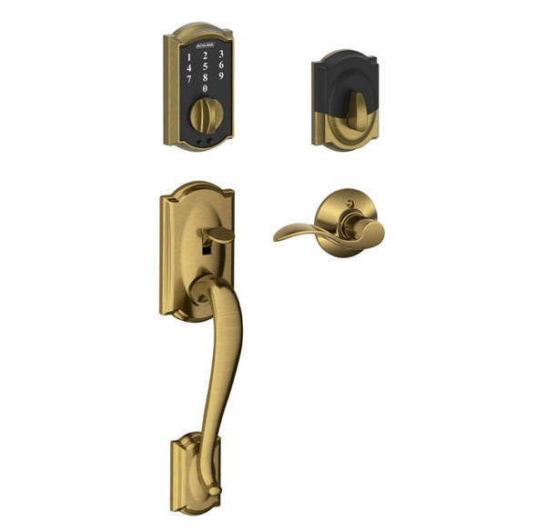 Schlage FE375CAM609ACC Antique Brass Camelot Keyless Touch Pad Electronic Handleset with Accent Lever