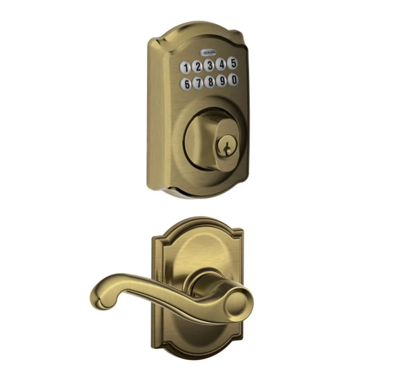 Schlage BE365CAM609/F10FLA609CAM Camelot Keypad Dead Bolt Combo Pack Antique Brass Electronic Keypad Deadbolt