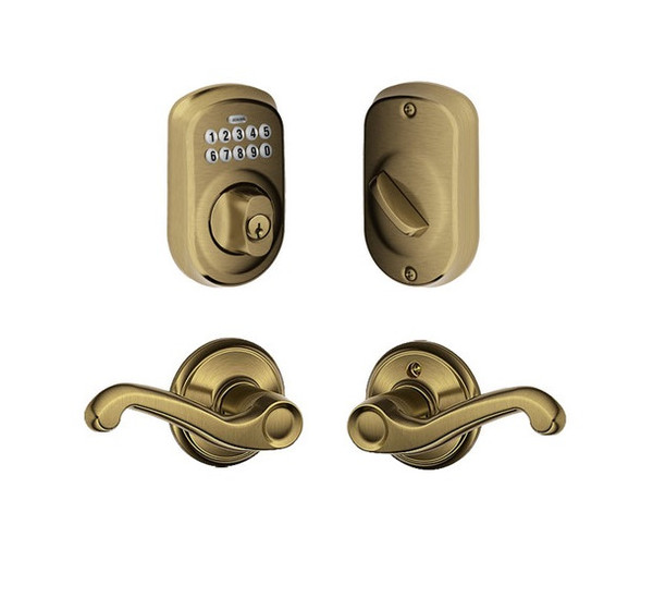 Schlage BE365PLY609-F10FLA609 Antique Brass Plymouth Keypad Deadbolt with Flair Lever
