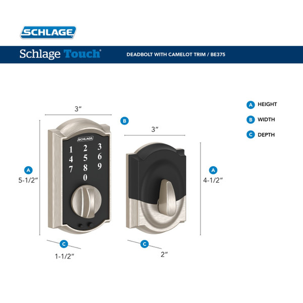 Schlage BE375CAM619/F10FLA619CAM Camelot Keyless Touch Pad Electronic Deadbolt Combo Pack Satin Nickel Electronic Touchscreen Deadbolt