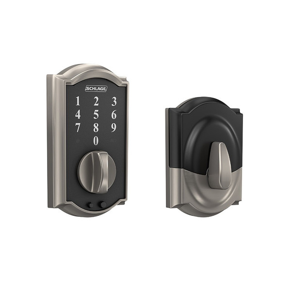 Schlage BE375CAM619-F10GEO619CAM Satin Nickel Camelot Keyless Touch Pad Electronic Deadbolt with Georgian Knob and Camelot Rose