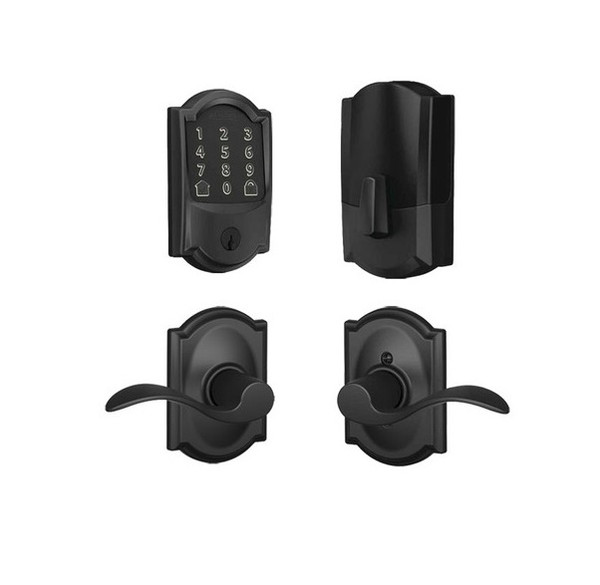 Schlage Residential BE489WBCCAM622-F10ACC622CAM Camelot Encode Smart Wifi Deadbolt with Accent Lever and Camelot Rose Matte Black Finish