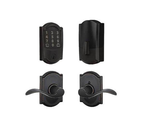 Schlage Residential BE489WBCCAM716-F10ACC716CAM Camelot Encode Smart Wifi Deadbolt with Accent Lever and Camelot Rose Aged Bronze Finish