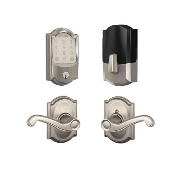 Schlage Residential BE489WBCCAM619-F10FLA619CAM Camelot Encode Smart Wifi Deadbolt with Flair Lever and Camelot Rose Satin Nickel Finish