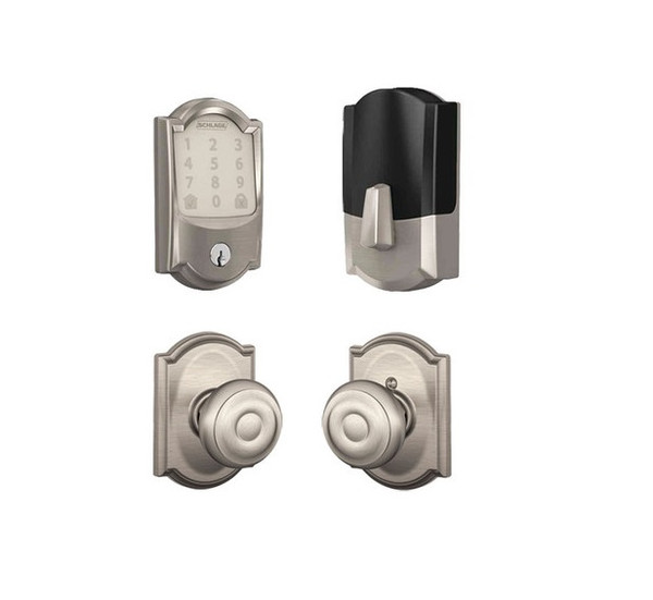 Schlage Residential BE489WBCCAM619-F10GEO619CAM Camelot Encode Smart Wifi Deadbolt with Georgian Knob and Camelot Rose Satin Nickel Finish
