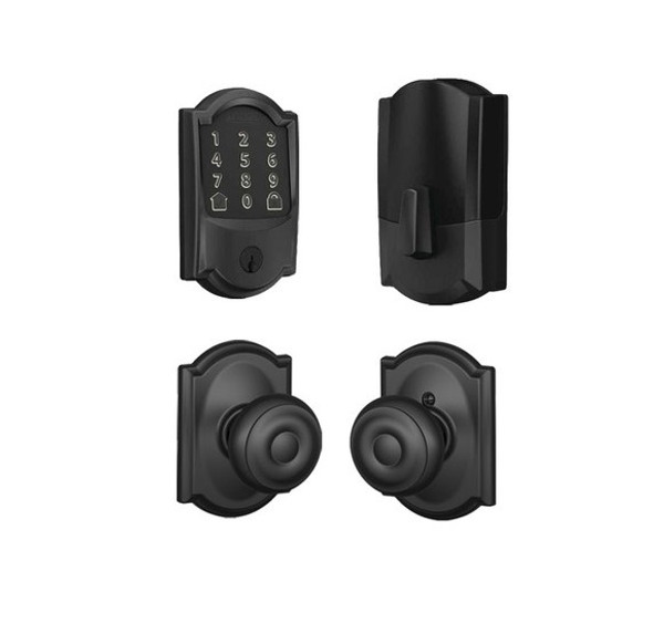 Schlage Residential BE489WBCCAM622-F10GEO622CAM Camelot Encode Smart Wifi Deadbolt with Georgian Knob and Camelot Rose Matte Black Finish