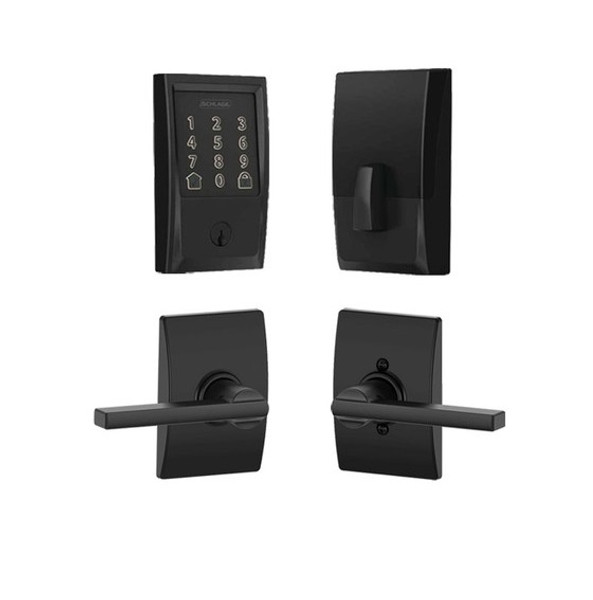 Schlage Residential BE489WBCCEN622-F10LAT622CEN Century Encode Smart Wifi Deadbolt with Latitude Lever and Century Rose Matte Black Finish