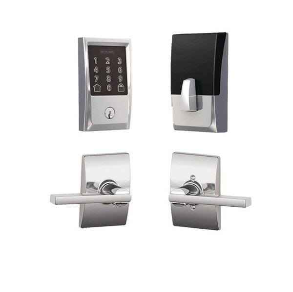 Schlage Residential BE489WBCCEN625-F10LAT625CEN Century Encode Smart Wifi Deadbolt with Latitude Lever and Century Rose Polished Chrome Finish