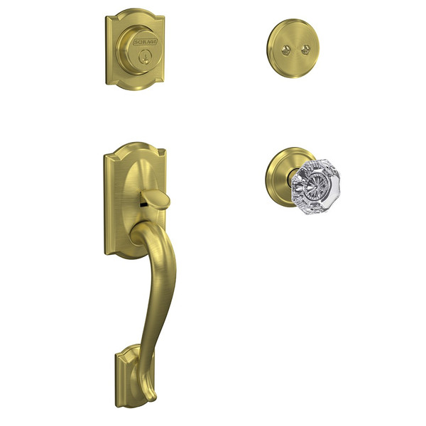 Schlage FC93CAM608ALXALD Camelot Dummy Handleset with Alexandria Knob and Alden Rose Satin Brass