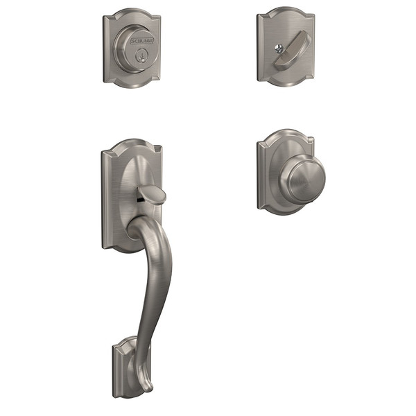 Schlage FC93CAM619ANDCAM Camelot Dummy Handleset with Andover Knob and Camelot Rose Satin Nickel