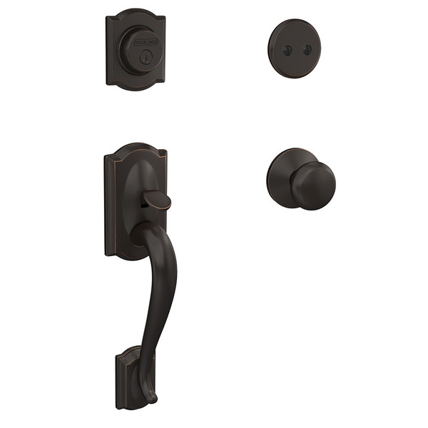 Schlage FC93CAM716PLYKIN Camelot Dummy Handleset with Plymouth Knob and Kinsler Rose Aged Bronze