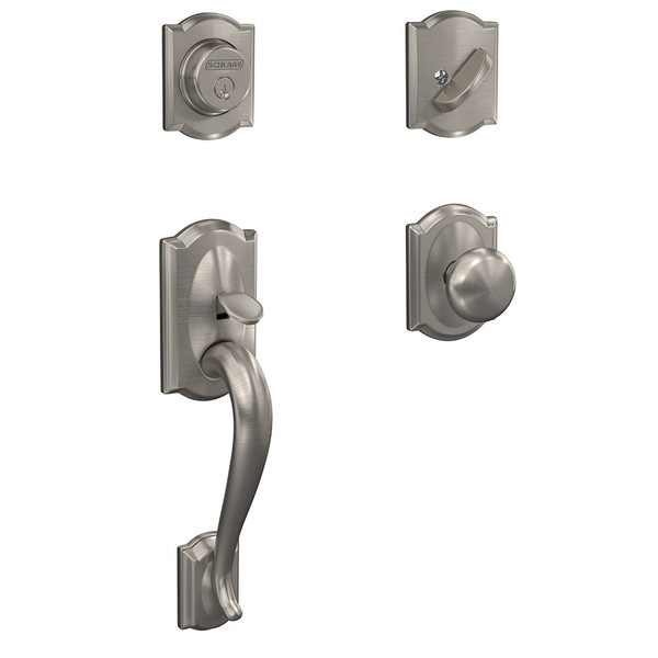 Schlage FC93CAM619PLYCAM Camelot Dummy Handleset with Plymouth Knob and Camelot Rose Satin Nickel