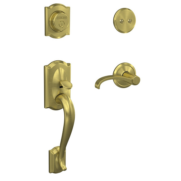 Schlage FC93CAM608WITALD Camelot Dummy Handleset with Whitney Lever and Alden Rose Satin Brass