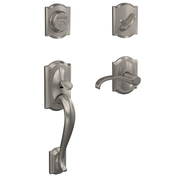 Schlage FC93CAM619WITCAM Camelot Dummy Handleset with Whitney Lever and Camelot Rose Satin Nickel