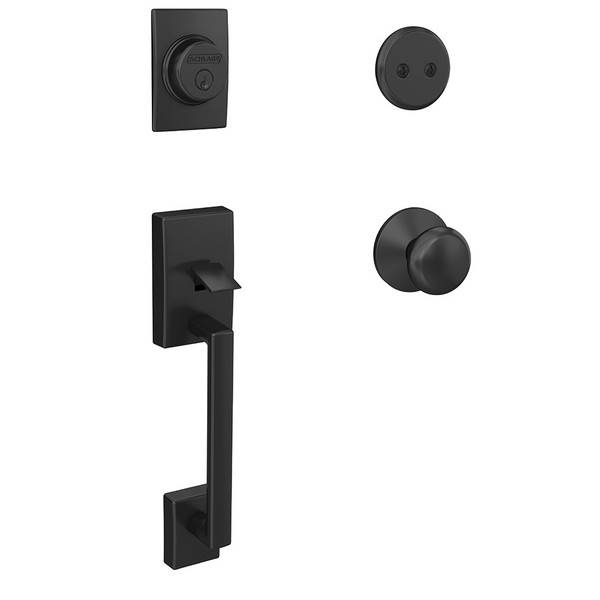 Schlage FC93CEN622PLYKIN Century Dummy Handleset with Plymouth Knob and Kinsler Rose Matte Black