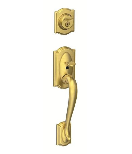 Schlage F60CAM608BWE Satin Brass Camelot Handle set with Bowery Knob