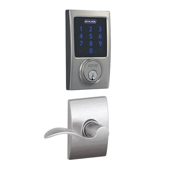 Schlage FBE469ZPCEN626ACCCEN Satin Chrome Century Touch Pad Electronic Deadbolt with Z-Wave Technology and Accent Lever with CEN Rose