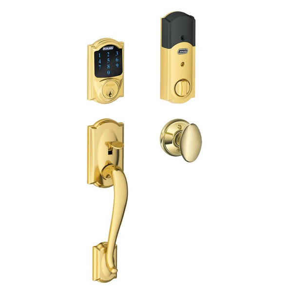 Schlage FE468ZPCAM605SIE Bright Brass Camelot Touch Pad Electronic Deadbolt with Z-Wave Technology and Camelot Handleset with Siena Knob