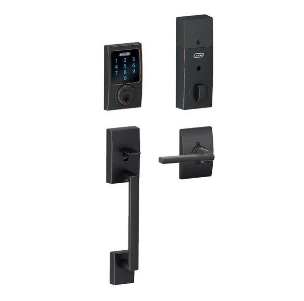 Schlage FE468ZPCEN716LATCEN Aged Bronze Century Touch Pad Electronic Deadbolt with Z-Wave Technology and Century Handleset with Latitude Lever and CEN rose