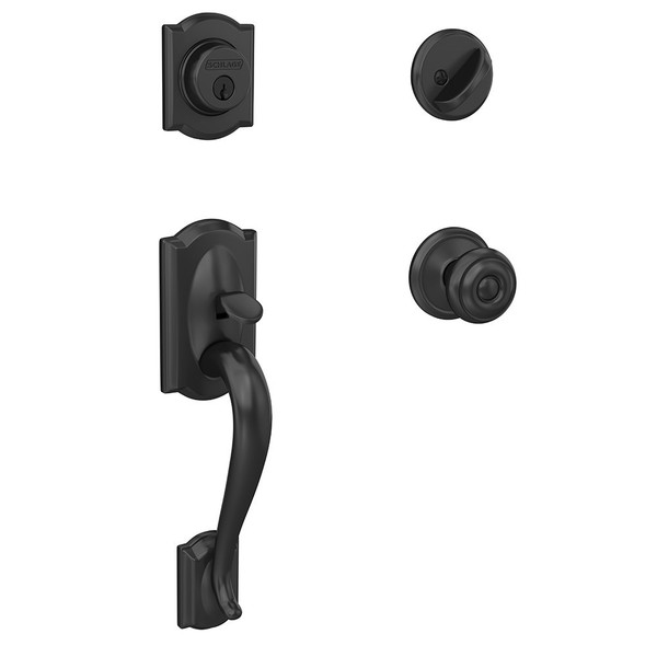 Schlage FC60CAM622GEOALD Camelot Single Cylinder Handleset with Georgian Knob and Alden Rose Matte Black