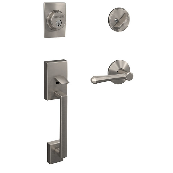 Schlage FC60CEN619DMPKIN Century Single Cylinder Handleset with Dempsey Lever and Kinsler Rose Satin Nickel