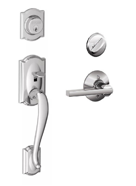 Schlage F60CAM625LAT Polished Chrome Camelot Handle set with Latitude Lever