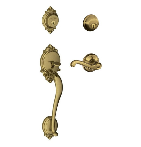 Schlage F62BRK609FLA Antique Brass Brookshire Double Cylinder Handleset with Flair Lever