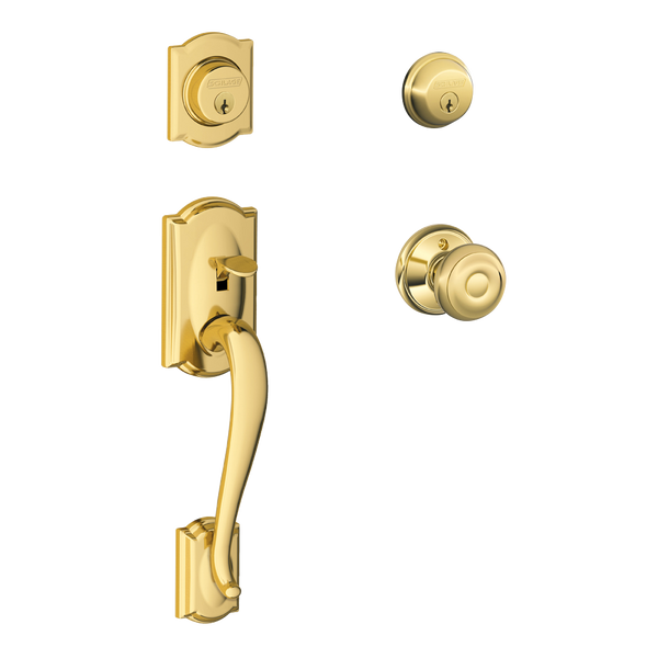 Schlage F62CAM605GEO Bright Brass Camelot Double Cylinder Handleset with Georgian Knob