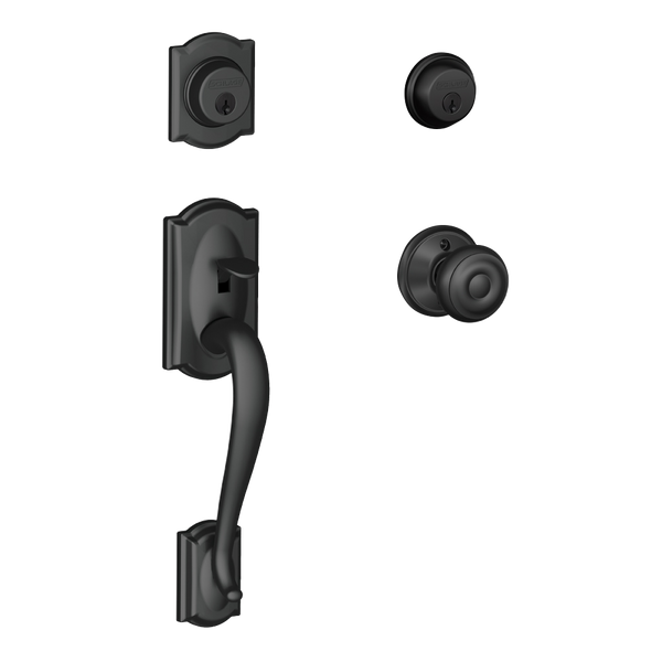 Schlage F62CAM622GEO Matte Black Camelot Double Cylinder Handleset with Georgian Knob