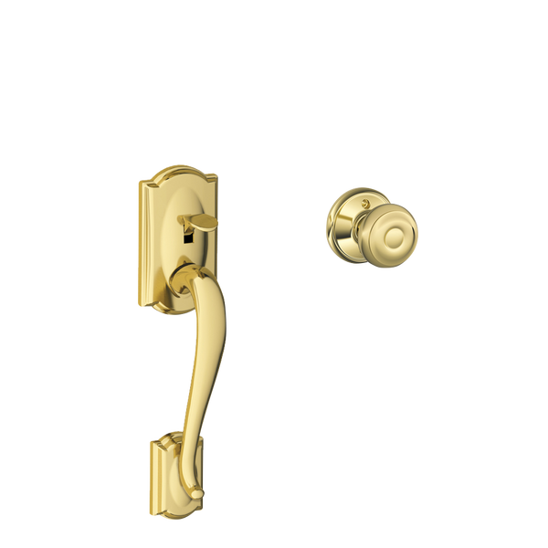 Schlage FE285CAM505GEO Lifetime Polished Brass Camelot Style Handleset with Georgian Knob Bottom Half Only