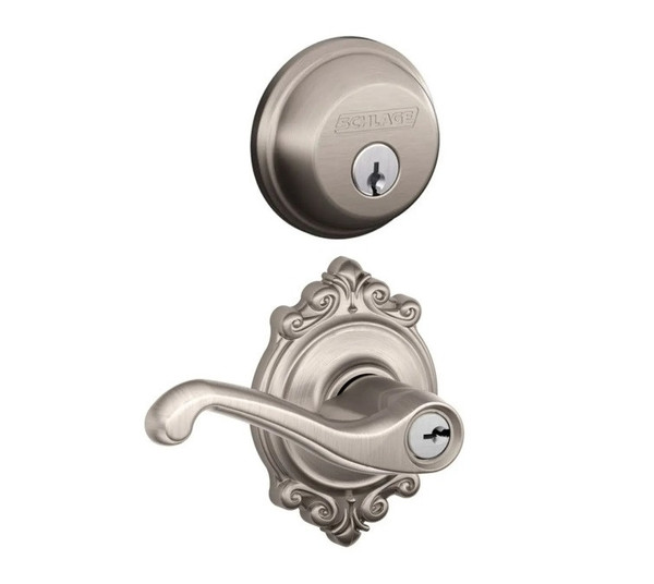 Schlage Residential FB50FLA619BRK Flair Lever with Brookshire Rose Combo Pack Satin Nickel Finish
