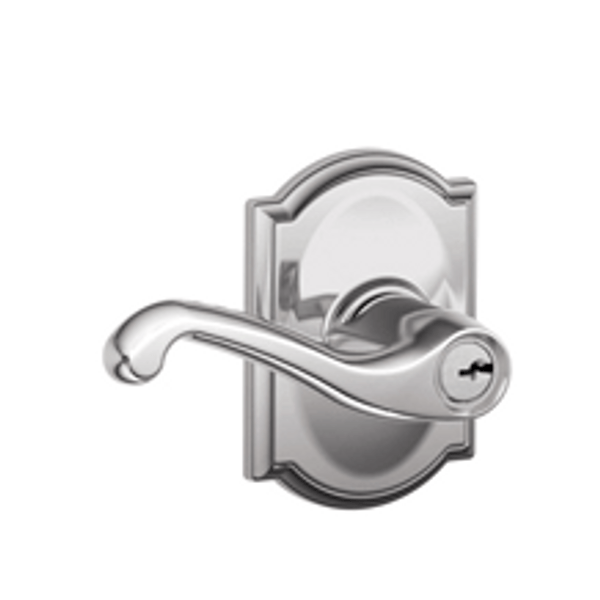 Schlage F51AFLA625CAM Polished Chrome Keyed Entry Flair Style Lever with Camelot Rose