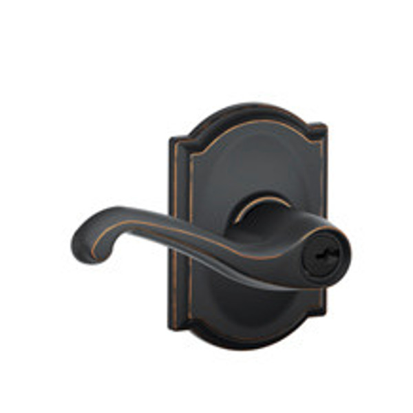 Schlage F51AFLA716CAM Aged Bronze Keyed Entry Flair Style Lever with Camelot Rose