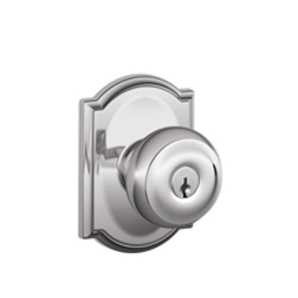 Schlage F51AGEO625CAM Bright Chrome Keyed Entry Georgian Style Knob with Camelot Rose