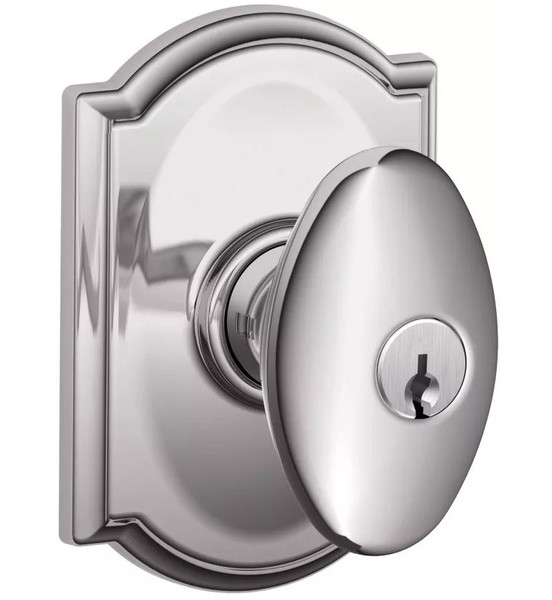 Schlage F51ASIE625CAM Polished Chrome Keyed Entry Plymouth Style Knob with Camelot Rose