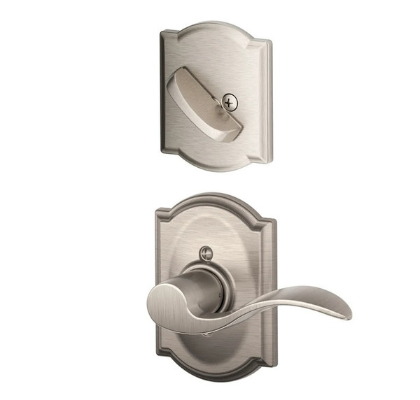 Schlage F94ACC619CAM Satin Nickel Dummy Handleset with Accent Lever and Camelot Rose (Interior Side Only)